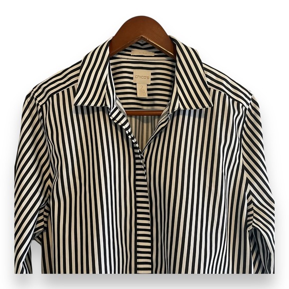 Chico's No Iron Cotton Striped Tunic Shirt Black White Long Sleeve Size 2 Large - Picture 3 of 6